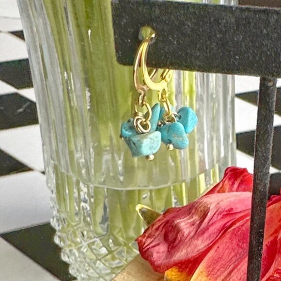 Turquoise gold confetti dangle handmade earrings/ bohemian luxury - Picture 1 of 3